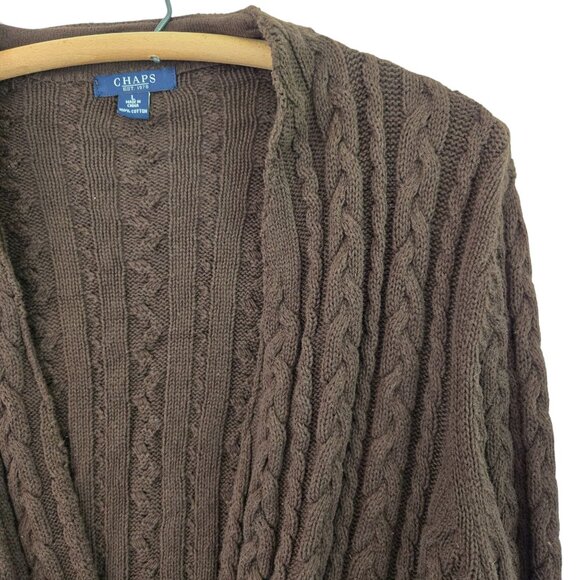 Chaps Cable Knit Brown Cardigan Sweater Large Ribbon Tie Waist Eyelet Cuffs - Picture 7 of 11